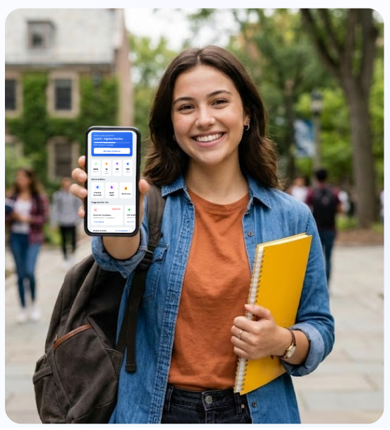 Student holding phone with ExamPrep app
